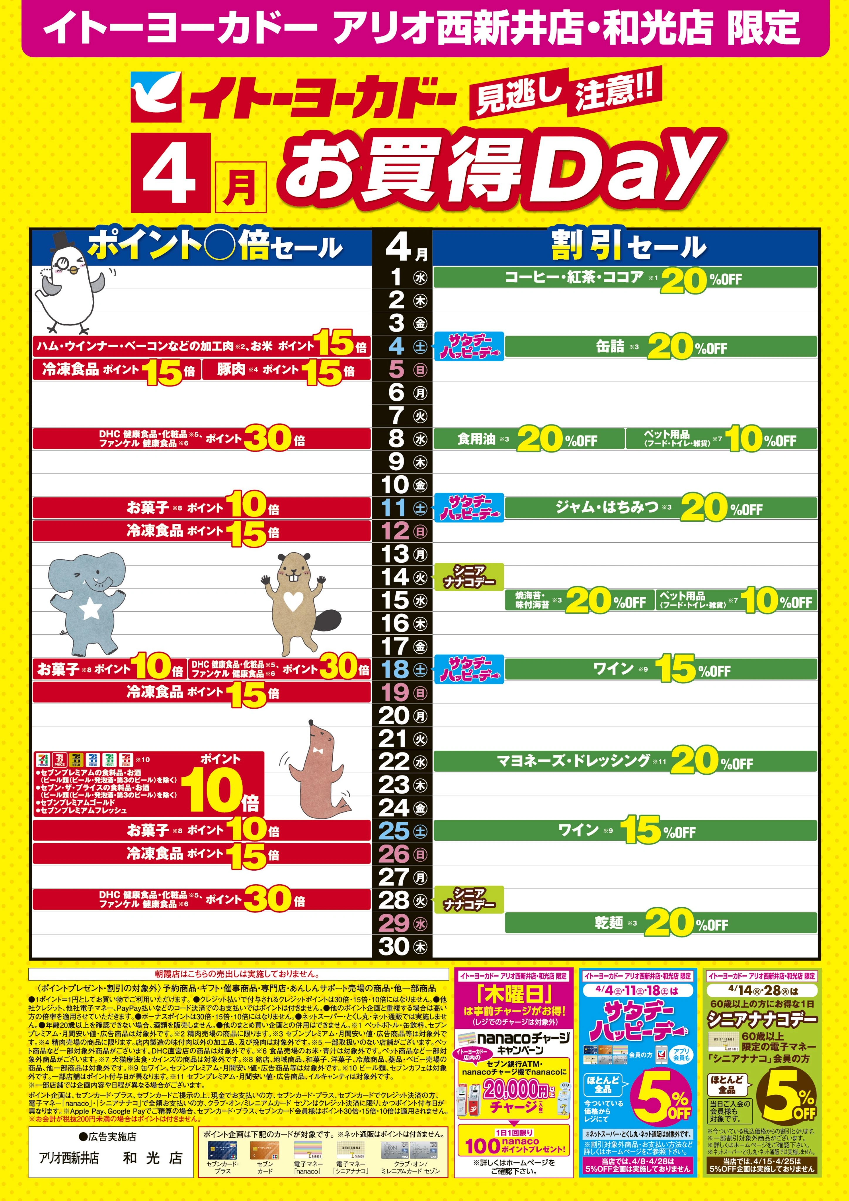 4/1(水)〜4/30(木)　見逃し注意！！4月お買得Day /2026年4月のハッピーデー・シニアナナコデー・木曜日はnanacoチャージがお得！